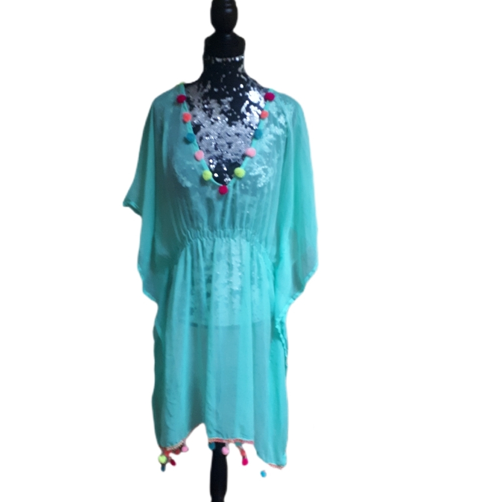 Aqua Pom-Pom Kaftan Cover-Up
